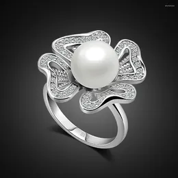 Cluster Rings Elegant For Women 925 Sterling Silver Wedding Engagement Fashion Female Hyperbole Flower Pearl Ring Party Jewellery