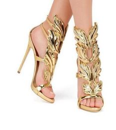 2018Hot Sale Golden Metal Wings Leaf Strappy Dress Sandal Silver Gold Red High Heels Shoes Women Metallic Winged Sandals9595907