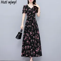 Party Dresses Summer Black Floral Chiffon Short Sleeve Midi Dress Women Casual Beach A-Line 2024 Elegant Bodycon Chic Night