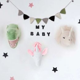 Baby Girl Room Decor Nordic Plush Toy Dinosaur Unicorn Animal Head Wall Decoration Painting Pendant Modern Minimalist Home Decor 240522