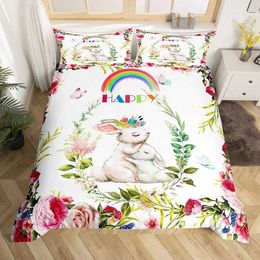 Bedding sets Watercolor Bunny Rabbit Duvet Cover Set Decorative 3 Piece with 2 Shams Queen King Full Size Bedroom Decor H240521 MIT8