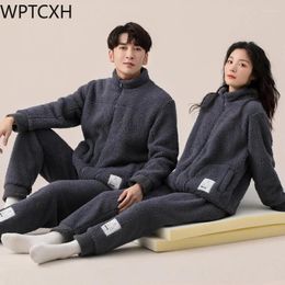 Women's Sleepwear Couples Pyjamas Women Autumn Winter Thickened Pure Colour Coralline Men Flannel High Neck Zipper Warm Homewear Set