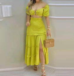 Women Elegant Dress Set Outfits ORing Crop Top Frill Hem Shirred Slit Maxi Skirt Set Casual Summer Set 2105218082852