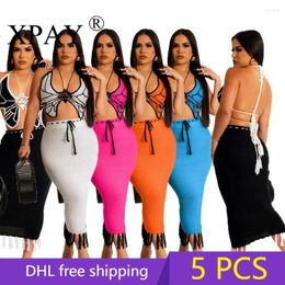 Work Dresses 5PCS Wholesale Items Hand Crocheted Butterfly Top Knitted Tassel Skirt Suit Women 2024 Summer Sexy Long Set Bulk X11579