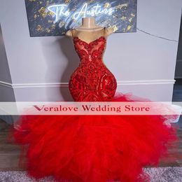 Sexy Red Evening Dress Mermaid Ruffles Skirt for Women 2k22 Sequins Graduation Birthday Party Prom Dresses Custom 260S