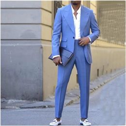 Men's Suits Sky Blue Men 2 Pieces Peaked Lapel One Button Tuxedos Groom Wedding Costume Mariage Homme Custom Blazer Pants