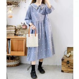 Casual Dresses 116cm Bust Spring Autumn 2024 Women Sweet Mori Kei Girl Fashion Embroidered Loose Plus Size Comfortable Cotton Linen