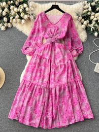 Party Dresses Women Fashion Korean Style Elegant V-neck Bubble Sleeve Vintage Print Dress Spring Summer High Waist Slim Pleates