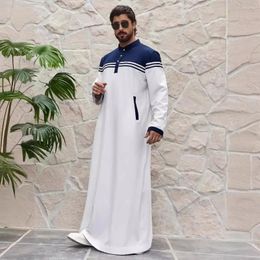 Ethnic Clothing Islam Ramadan Colour Blocked Men's Traditional Muslim Thobe Style Islamic Long Gown Shirt Robe Middle Eastern Fashion