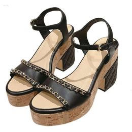 Summer Platform Elegant Sandals Women Chunky Sandal Designer Chain Shoe High Block Thick Heel Open Round Toe Genuine Leather Ankle 764