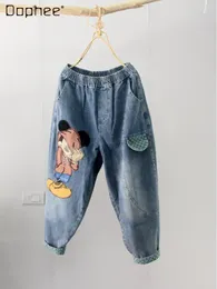 Women's Jeans Cartoon Printed For Women 2024 Spring Patch Loose Harem Pants Skinny Slim Looking Versatile Cropped Female