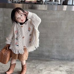 秋の新しい韓国のフード付きタッセルフラワー刺繍ニットベビーキッズガールかわいいファッションカーディガンニットセーターL2405 L2405