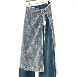 Skirts Womens Aesthetic Hollow Out See Through Flower Lace Self Tie Up Long Apron Skirt