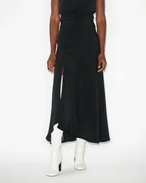 Skirts Zigzag Print Midi Skirt Women Silk Blends Slit Vintage Hem Irregular High Waist Elegant Jupe Spring Summer 2024 For Female