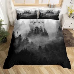 Bedding sets Wolf Printed Set Twin Size for Kids Boys BedroomMisty Bed Duvet Cover Comforter Wild Animals Decor 3 Pieces H240521 K8ZF