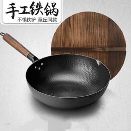 Pans Handmade Cast Iron Wok 32cm Non-stick Skillet Household Cooking Pot Wooden Cover Gas Stove Induction Cooker Universal