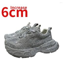 Casual Shoes Sky Full Of Stars Water Diamond For Women's Increased 6cm Genuine Leather Breathable Heightened Silver Dad's
