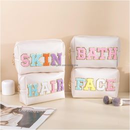 Storage Bags Women Girls Preppy Waterproof Chenille Letter Skincare Pu Leather Portable Makeup Cosmetic Toiletry Bag For Daily Use Dro Othlz