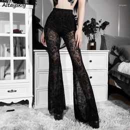 Women's Pants Gothic Flare Women Black Lace Summer High Waist See Through Vintage Trousers Punk Grunge Lolita Streetwear Y2k Personality