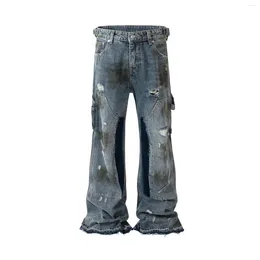 Men's Jeans Streetwear Handmade Mud Dyed Dirty Blue Baggy For Men Distressed Hole Casual Patchwork Denim Trousers Oversized