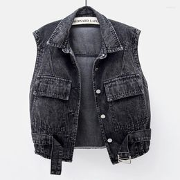 Women's Vests With Belt Denim Vest Women Casual Waistcoat Vintage Blue Black Big Pocket Cowboy Sleeveless Jacket Loose Short Jeans Female