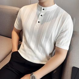 Chinese Style Standing Collar Knitted Tshirt Men Summer Striped Hollowed Out Collarless Polo Shirt Casual Business Tee Tops 240516