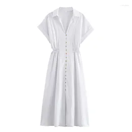 Party Dresses YENKYE Women Linen Blend White Shirt Dress Vintage Elastic Waist Short Cuffed Sleeves Female Summer Long