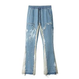 2024 New Colour Block Painted Streetwear Drawstring Jeans Men Frayed Side Ribbon Loose Casual Denim Trousers Hip Hop Harajuku Couple Pants