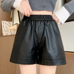 Women's Shorts Leather 2024 Spring And Autumn Style Loose Wide Legs Slim A-Line Five-Level Pants Outerwear