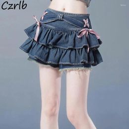 Skirts Mini Denim Retro Women Girls Sweet Lovely Bow Y2k Clothes American Streetwear Sexy Summer A-line Trendy Cosy Slim