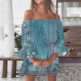 Casual Dresses Boho Floral For Women 2024 Summer Sexy Off Shoulder Ruffle Sleeve Tunic Dress Beach Mini Sundress Vestidos