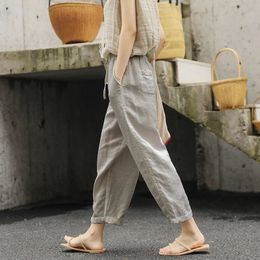 Cotton Linen Summer Pants for Women Casual Solid Pocket Drawstring Elastic Waist Pants Fashion Elegant Ladies Y2K Loose Trousers 240522