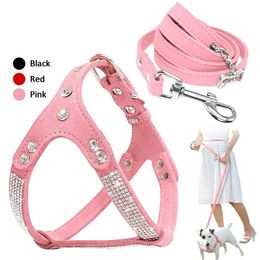 Dog Collars Leashes Soft Suede Leather Harness and Leash Set Rhinestone Puppy Vest With Crystal Bone Pendant For Small Medium Pets Chihuahua H240522
