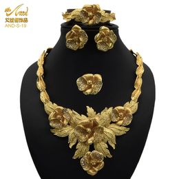 ANIID African Jewelery Sets Flower Earrings Choker Necklace Bracelet Hawaiian Indian Dubai Golden Jewelry For Women Accessories 240522