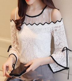 new Women039s Fashion Lace Chiffon Stitching Blouse Flare Sleeve Top Lace Oneck Blouse Strapless Sexy Women Clothing D597 307069413