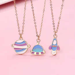 Chains 3 Pieces A Set Of Girls Earth Space Aircraft Zinc Alloy Dazzling Drop Oil Cute Necklace Suitable For Daily Wear Jewelry Gift