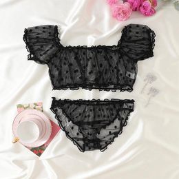 Bras Sets Erotic Black Wave Point Perspective One Shoulder Bra Pajamas Temptation Ventilate Mesh Three Set Sexy Women Underwear