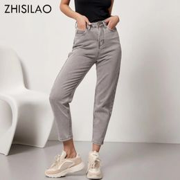 Women's Jeans Grey High Waist Harem Pant For Women Loose Cotton Buttons Cargo Female Denim Pantalon Femme 2024