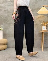 Ethnic Clothing 2024 Chinese Vintage Pants National Flower Embroidered Satin Jacquard Trousers Traditional Elastic Waist Folk Loose Ninth