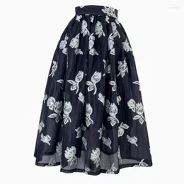 Skirts Chinese Style High Waist Pleated Midi Black Skirt For Women White Floral Print Organza Tulle Korean Fashion Summer 2024