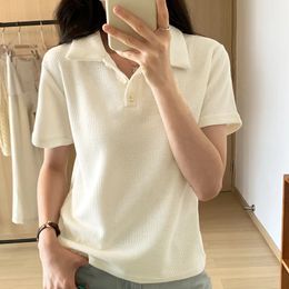 White Buttons Turn-down Collar Short Sleeve T-shirt Women Summer Basic Female T Shirts Woman Casual Loose Tees Tops 240522