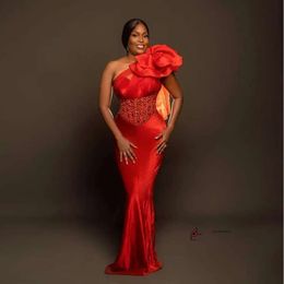 New Red Mermaid Prom Dress African Formal Gown Satin Beads 3D Flower Evening Dresses Aso Ebi Celebrity Party Gowns Vestidos 0522