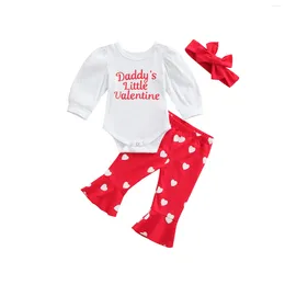 Clothing Sets Toddler Born Baby Girl Valentine Clothes Set 2024 Letter Print Long-Sleeved Romper Heart-Pattern Flared Pants Bow Headband