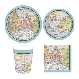 44pcs/set Map Theme Disposable Tableware Retirement Travel Party Paper Plate Cups Earth Day Decoration Birthday Party Supplies 240522