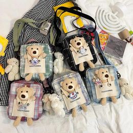 Shoulder Bags Japanese Ins Vintage Sense College Wind Small Fresh Plaid Canvas Cute Doll Bear Girl Student Messenger Bag