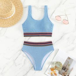 Women's Swimwear Sky Blue High Waist Swimsuit Women 2024 Two Piece Bikini Striped Bandage Bathing Suit Suspender Backless Summer Beach