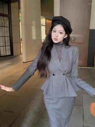 Work Dresses Office Lady Grey Commuter Suit Women's Autumn Coat High Waist Wrapped Hip Mini Skirt Two-piece Set Fashion Female Clothes