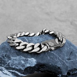 Fashion Cuba Chain Bracelet Fine Polished Stainless Steel Valknut Rune Simple Buckle Men Amulet Gift Jewellery Wholesale 240520