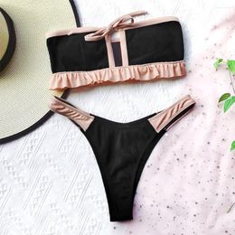 Women's Swimwear Patchwork Bikini Ruched Bandeau Swimsuit Lace Up Women Beach Outfit Two Piece Bathing Suit Brazilian Bikinis Sets Mujer