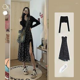 Work Dresses Woman Knitted Sunscreen Cardigan Sweater Coat And Floral Print Plush Dress Female Two Piece Set Ladies Long Suit G155